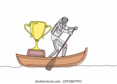 Single continuous line drawing young astronaut sailing away on boat with trophy. Victory and rewards for space exploration missions. Cosmonaut deep space. One line graphic design vector illustration