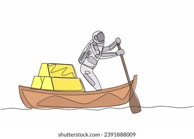 Single continuous line drawing young astronaut sailing away on boat with stack of golden bullion. Gold investment for inter galactic mission. Cosmonaut deep space. One line design vector illustration