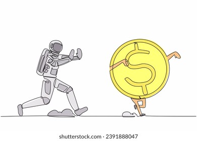 Single continuous line drawing young astronaut chase dollar coin in moon surface. Exploration of space that requires large funds. Cosmic galaxy space concept. One line draw design vector illustration