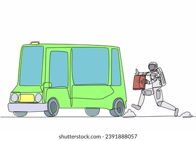 Single continuous line drawing of young astronaut run chasing bus in moon surface. Analysis of the transportation system in space. Cosmic galaxy space concept. One line draw design vector illustration