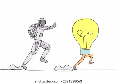 Single continuous line drawing of young astronaut chasing light bulb in moon surface. Innovation in the discovery of new planets. Cosmic galaxy space. One line draw graphic design vector illustration