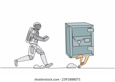 Single continuous line drawing of young astronaut run chasing safe deposit box in moon surface. Financial security protection. Cosmic galaxy space concept. One line graphic design vector illustration