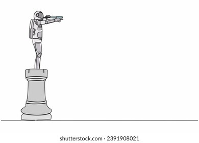 Single continuous line drawing young astronaut on top of big rook chess piece using monocular in moon surface. Looking for new planets. Cosmonaut deep space. One line draw design vector illustration