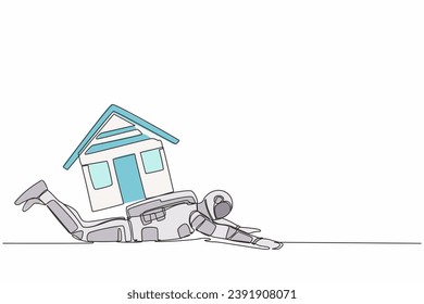 Single continuous line drawing young astronaut under heavy house burden. Financial mortgage problem, taxes expenses in space company. Cosmonaut deep space. One line design vector graphic illustration