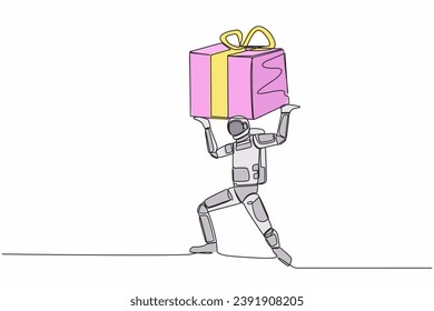 Single continuous line drawing young astronaut carrying heavy gift box on his back. Shipping problem inter galactic connection. Cosmonaut deep space. One line draw design vector graphic illustration