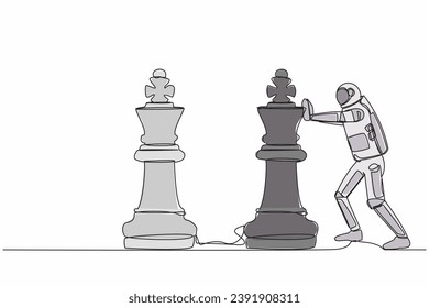 Single continuous line drawing young astronaut push huge king chess piece to take down the other king. Symbol of strongest aerospace company. Cosmonaut deep space. One line design vector illustration