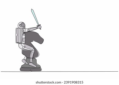 Una sola línea contínua dibujando a un joven astronauta montando una gran pieza de ajedrez con espada. Batalla de los hombres espaciales en la guerra intergaláctica. Espacio profundo cosmonauta. ilustración vectorial de diseño gráfico de una línea