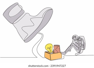 Single continuous line drawing young astronaut sitting on the floor near office supplies under big foot stomp. Unemployment, dismissal. Cosmonaut deep space. One line draw design vector illustration