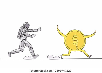 Single continuous line drawing young astronaut run chase dollar coin in moon surface. Exploration of space that requires large funds. Cosmonaut deep space. One line design vector graphic illustration