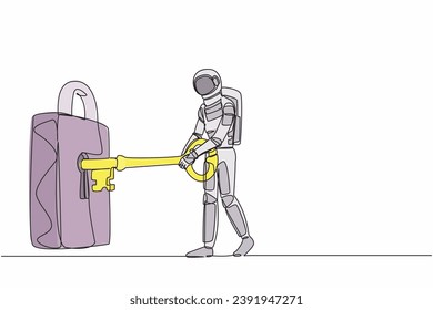 Single continuous line drawing of young astronaut putting big key into padlock. Space company security. Spaceship property protection. Cosmonaut deep space. One line design vector graphic illustration