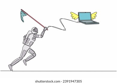 Single continuous line drawing young astronaut try to catching flying laptop with butterfly net. System data computing for spaceship company. Cosmonaut deep space. One line design vector illustration