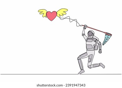 Single continuous line drawing young astronaut try to catching flying heart with butterfly net. Love relationship with space expedition. Cosmonaut deep space. One line draw design vector illustration