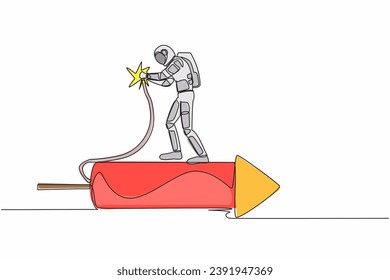 Single continuous line drawing young astronaut standing on firework rocket and ignite it to boost spaceship technology process. Cosmonaut deep space. One line draw design vector graphic illustration