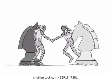 Single continuous line drawing of young astronaut competitors standing on horse chess piece, handshaking after finish agreement. Cosmonaut deep space. One line draw graphic design vector illustration