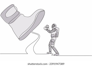 Single continuous line drawing young astronaut punching uppercut under big foot stomp. Spaceman against authoritarian or anger boss. Cosmonaut deep space. One line design vector graphic illustration