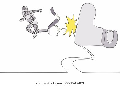 Single continuous line drawing young astronaut kicked out by big foot in moon surface. Spaceman kicked away from chair by giant feet. Cosmonaut deep space. One line design vector graphic illustration