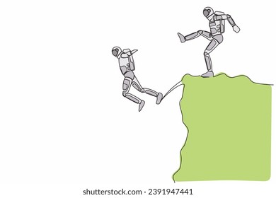 Single continuous line drawing young astronaut kick throw colleague off cliff or hill. Eliminate rival coworker. Rivalry and competition. Cosmonaut deep space. One line draw design vector illustration