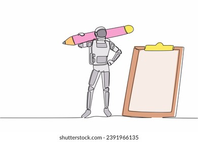 Single continuous line drawing young astronaut carrying big pencil and looking clipboard in moon surface. Checklist of spaceship duty. Cosmonaut deep space. One line graphic design vector illustration