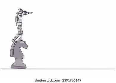 Single continuous line drawing young astronaut on top big horse chess piece using binocular. Looking for new expedition. Cosmonaut deep space concept. One line draw graphic design vector illustration