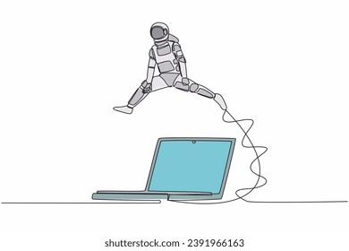 Single continuous line drawing young astronaut jumping over laptop computer. Office system information tech in spaceship exploration. Cosmonaut deep space. One line graphic design vector illustration