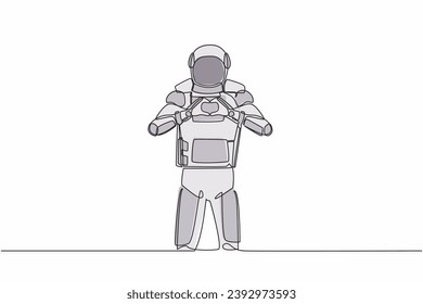 Single continuous line drawing of young astronaut standing with making love sign, heart symbol in front of chest. Cosmonaut deep space concept. Dynamic one line draw graphic design vector illustration