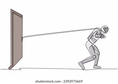 Single continuous line drawing young astronaut trying hard to pulling rope to drag heavy door frame, metaphor to facing big problem. Cosmonaut deep space. One line graphic design vector illustration