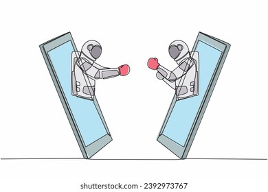 Single continuous line drawing young astronaut boxers comes out from smartphone ready to fight. Competitive sport, single combat. Cosmonaut deep space. One line draw graphic design vector illustration