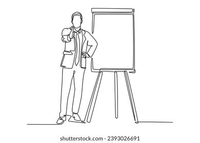 Single continuous line drawing of young presenter giving thumbs up gesture to the audience while meeting. Business presentation at the office concept. One line draw graphic design vector illustration