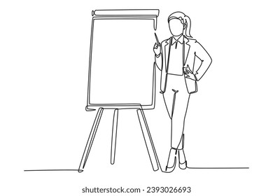 Dibujo de una sola línea continua de una joven empresaria presentando nuevas reglas de oro de la empresa a los trabajadores. Concepto efectivo de presentación de la capacitación. ilustración vectorial de diseño gráfico de una línea