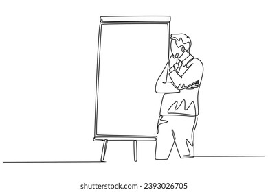 Single continuous line drawing of young business coach teaching strategy to increase company growth on flip chart in front of class. Business coaching. One line draw graphic design vector illustration