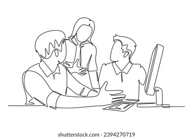 Single continuous line drawing of young businessmen discussing new product launch during team meeting. Business innovation discussion concept. Dynamic one line draw graphic design vector illustration