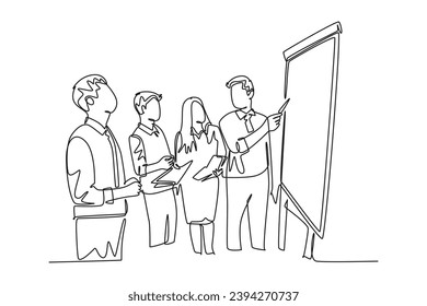 Una línea contínua de dibujo joven y alegre gerente que da una presentación sobre el aumento de las ventas de productos a su equipo en la oficina. Concepto de reunión de grupo. ilustración vectorial de diseño gráfico de una línea