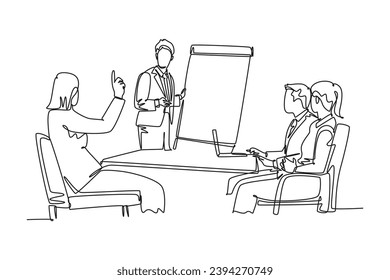 Single continuous line drawing of young happy business instructor teaching interpersonal skill to the attendees during presentation. Business training. One line draw graphic design vector illustration