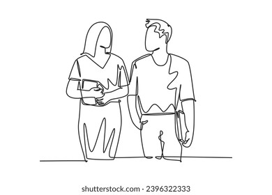 Single continuous line drawing young happy male and female couple student take talk and walk after course. Romantic lover relationship concept. Dynamic one line draw graphic design vector illustration