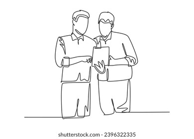 Single continuous line drawing of young employee talking to his colleague discussing new company project during meeting. Office talk concept. Dynamic one line draw graphic design vector illustration