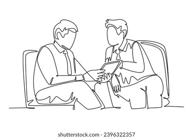 Single continuous line drawing of young happy business men discussing about new project deal with colleague during meeting. Business agreement concept. One line draw graphic design vector illustration
