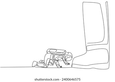 Single continuous line drawing young astronaut kneels and licks giant foot. The attitude of begging desperately to be granted permission for a space expedition. One line design vector illustration