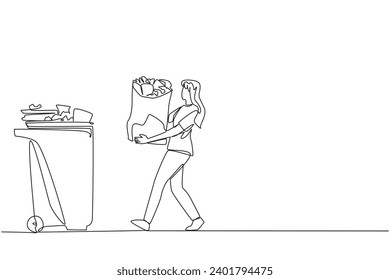 Single continuous line drawing young woman walked carrying a trash bag in both hands towards the trash can. Carry out social actions to care about cleanliness. One line design vector illustration