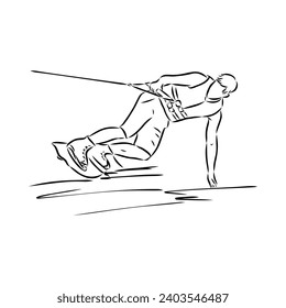 Single continuous line drawing of young sporty surfer man play wakeboarding in the sea.