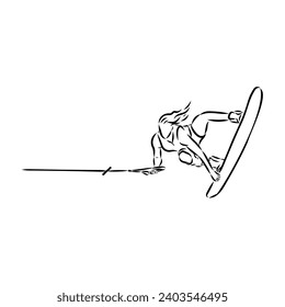 Single continuous line drawing of young sporty surfer man play wakeboarding in the sea.