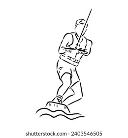 Single continuous line drawing of young sporty surfer man play wakeboarding in the sea.