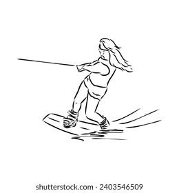 Single continuous line drawing of young sporty surfer man play wakeboarding in the sea.