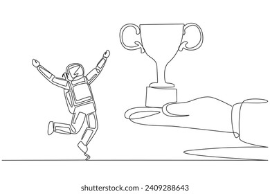 Single continuous line drawing young astronaut happy to get the trophy from the giant hand. Competition winner. Champion. Space journalist. Cosmonaut deep space. One line design vector illustration