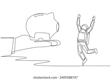 Single continuous line drawing young astronaut happy to get a piggy bank from giant hand. Savings. Investment. A calming gift. The needs for future space missions. One line design vector illustration