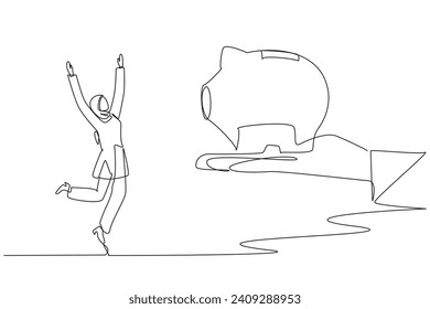 Single continuous line drawing young Arabian businesswoman happy to get a piggy bank from giant hand. Investment value continues to increase. A satisfying success. One line design vector illustration