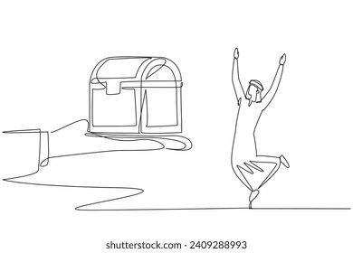 Single continuous line drawing young Arabian businessman was excited to get the treasure chest from the giant hand. Amazing success. Get maximum profit. Wealthy. One line design vector illustration