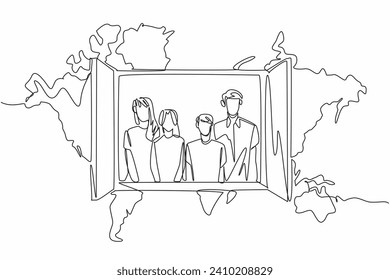 Single continuous line drawing of young happy family inside the open window with world map as a background. Global Family Day. Annual event to celebrate. Poster, banner, flyer, greeting card design