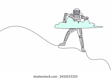 Single continuous line drawing young astronaut hang in clouds. Hoping for successful spaceship exploring or expedition project. Cosmonaut deep space. One line draw graphic design vector illustration