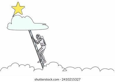 Single continuous line drawing young astronaut climbing ladder to reach out for star. Motivation to be success in moon spacewalk. Cosmonaut deep space. One line draw graphic design vector illustration