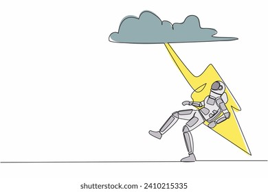 Single continuous line drawing young astronaut struck by lightning from dark cloud. Bad luck, misery, disaster in spacewalk discovery. Cosmonaut deep space. One line graphic design vector illustration